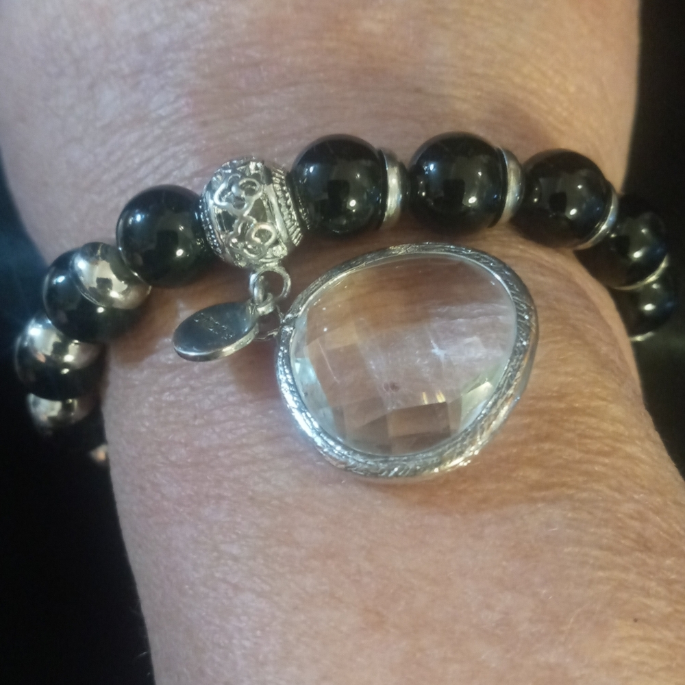 Chico's Black and Silver Beaded With A Multi Faceted Crystal Bracelet